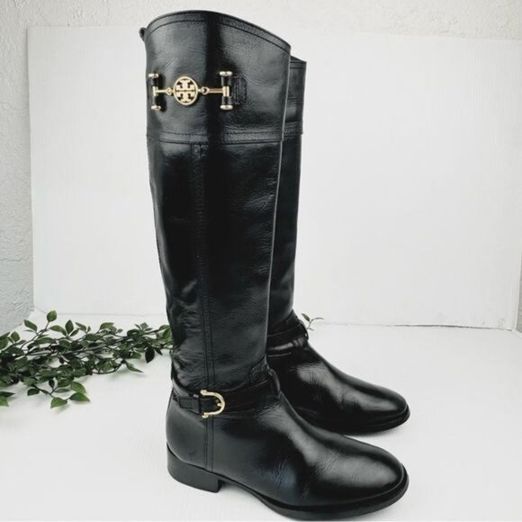 Tory Burch Calista Black Leather Logo Gold Tall Riding Boot Size 7 - Picture 3 of 11